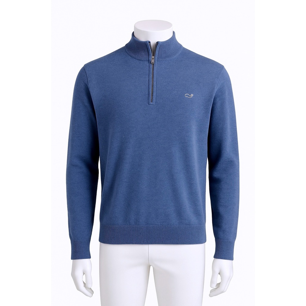 Vineyard Vines Men's Quarter Zip Sweater Blue‎ Whale Logo Cotton Size M
